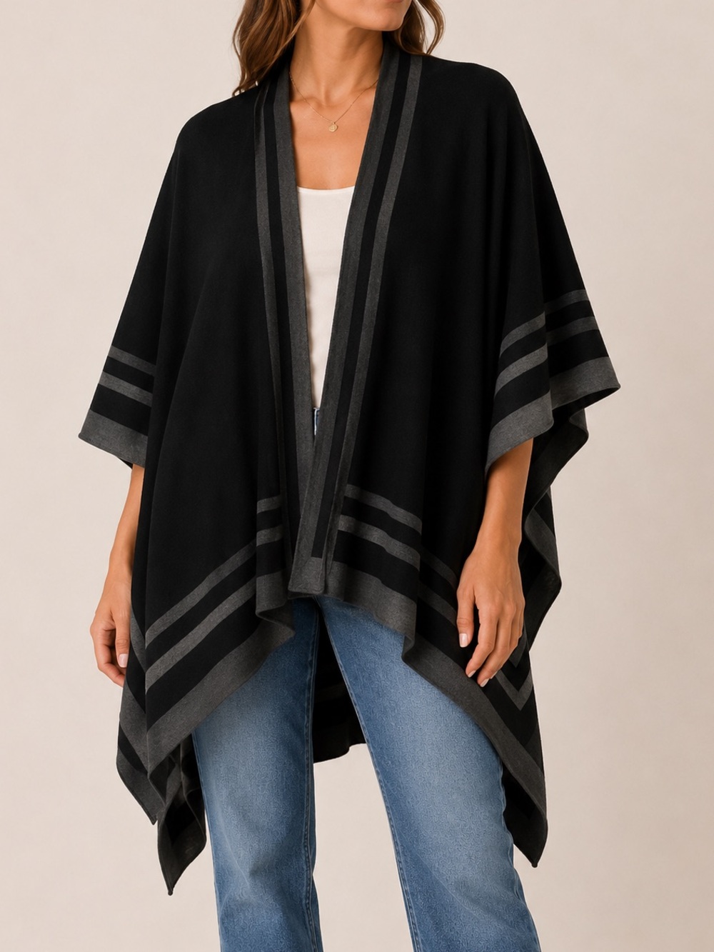 Lauren Ralph Lauren Jet Setter Ruana Black Gray Wool Blend Wrap Cape Poncho